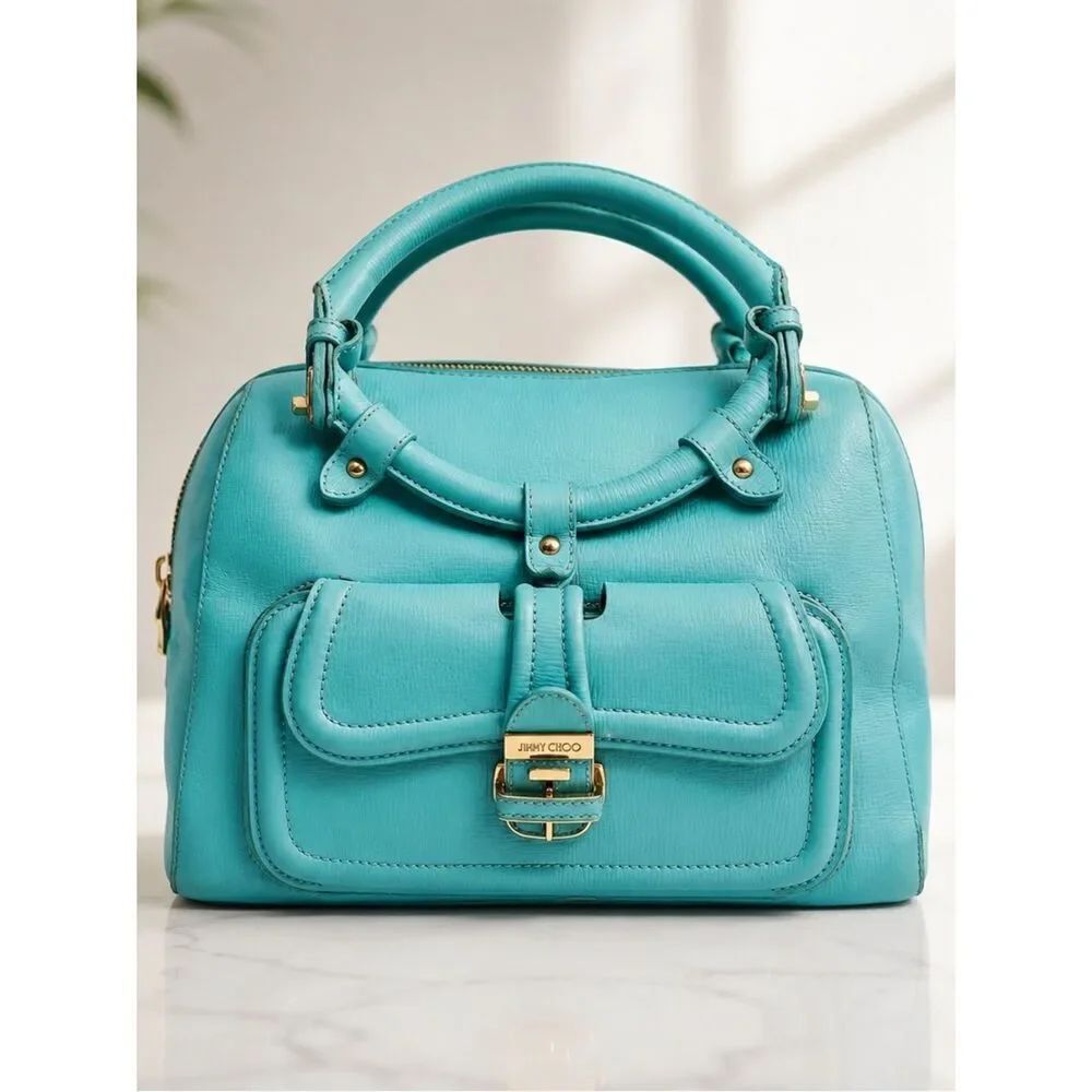✨ Jimmy Choo Vintage Turquoise Leather Satchel Top Handle Gold Hardware Bag